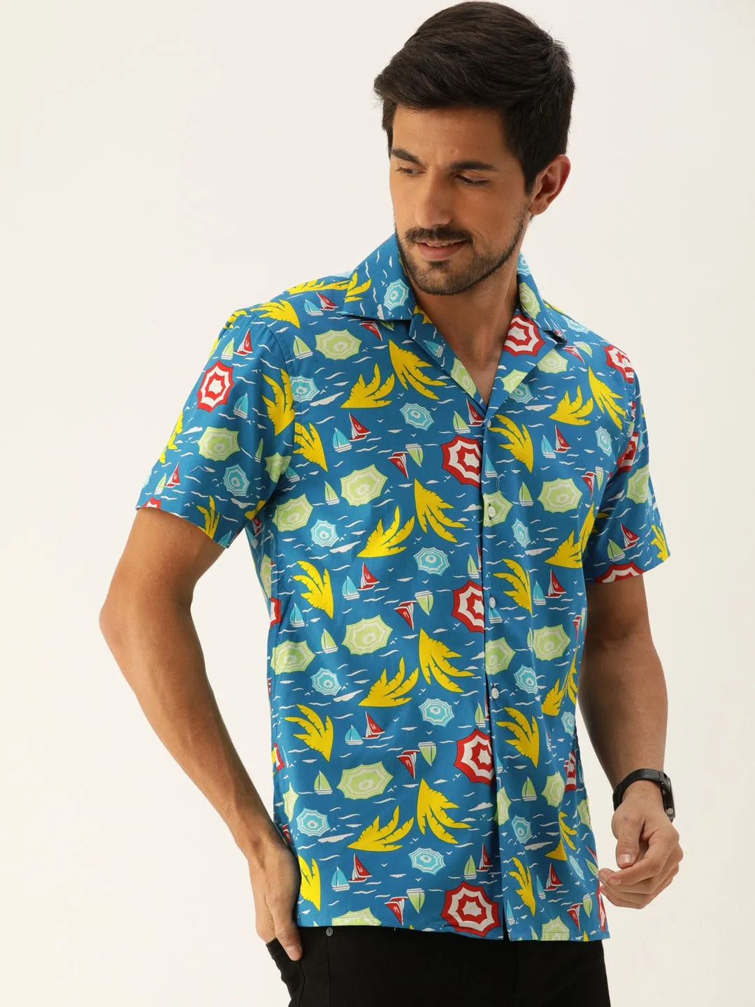 Men Blue Printed Pure Cotton Relaxed Fit Casual Resort Shirt