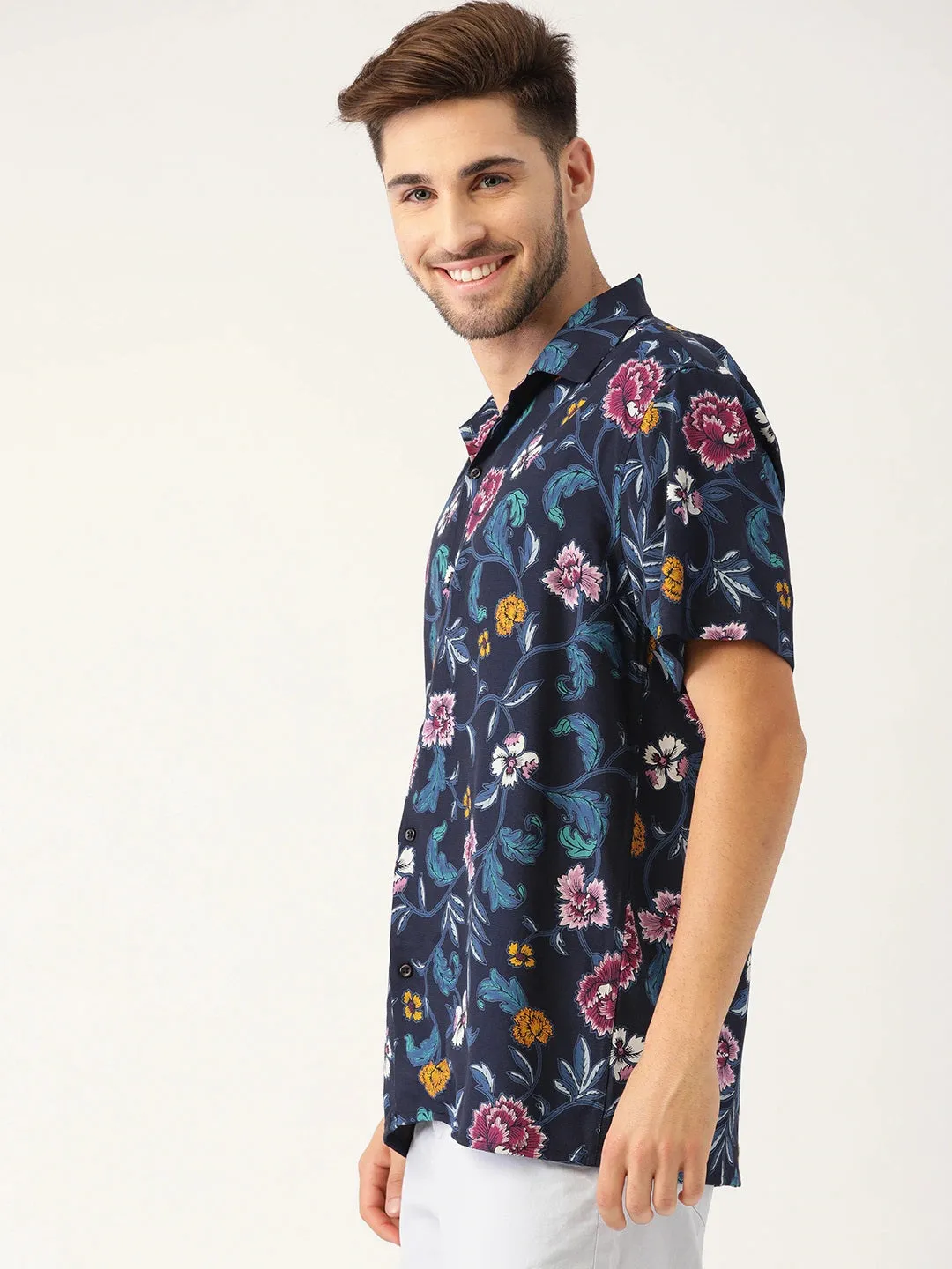 Men Navy & Maroon Printed Viscose Rayon Relaxed Fit Casual Resort Shirt