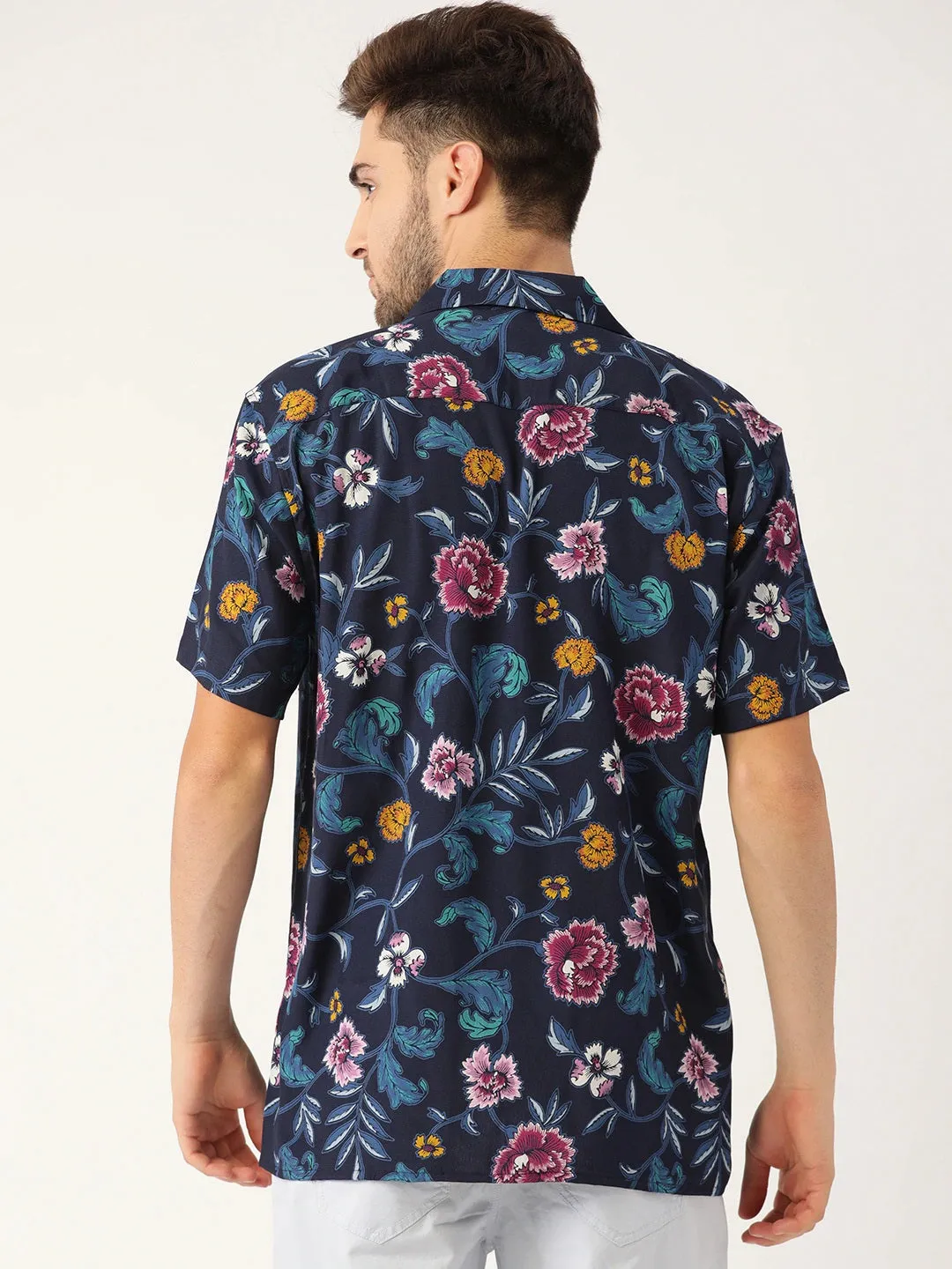 Men Navy & Maroon Printed Viscose Rayon Relaxed Fit Casual Resort Shirt