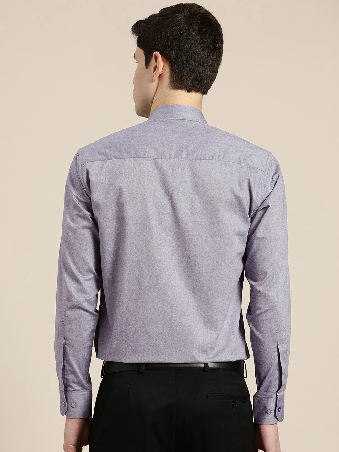 Men Navy Solid Chambray Button Down Collar Slim Fit Formal Shirt