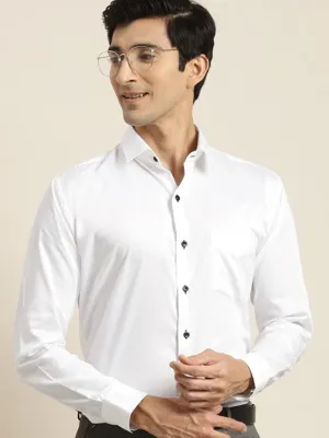 Men White Solid Black Buttons Pure Cotton Slim Fit Formal Shirt
