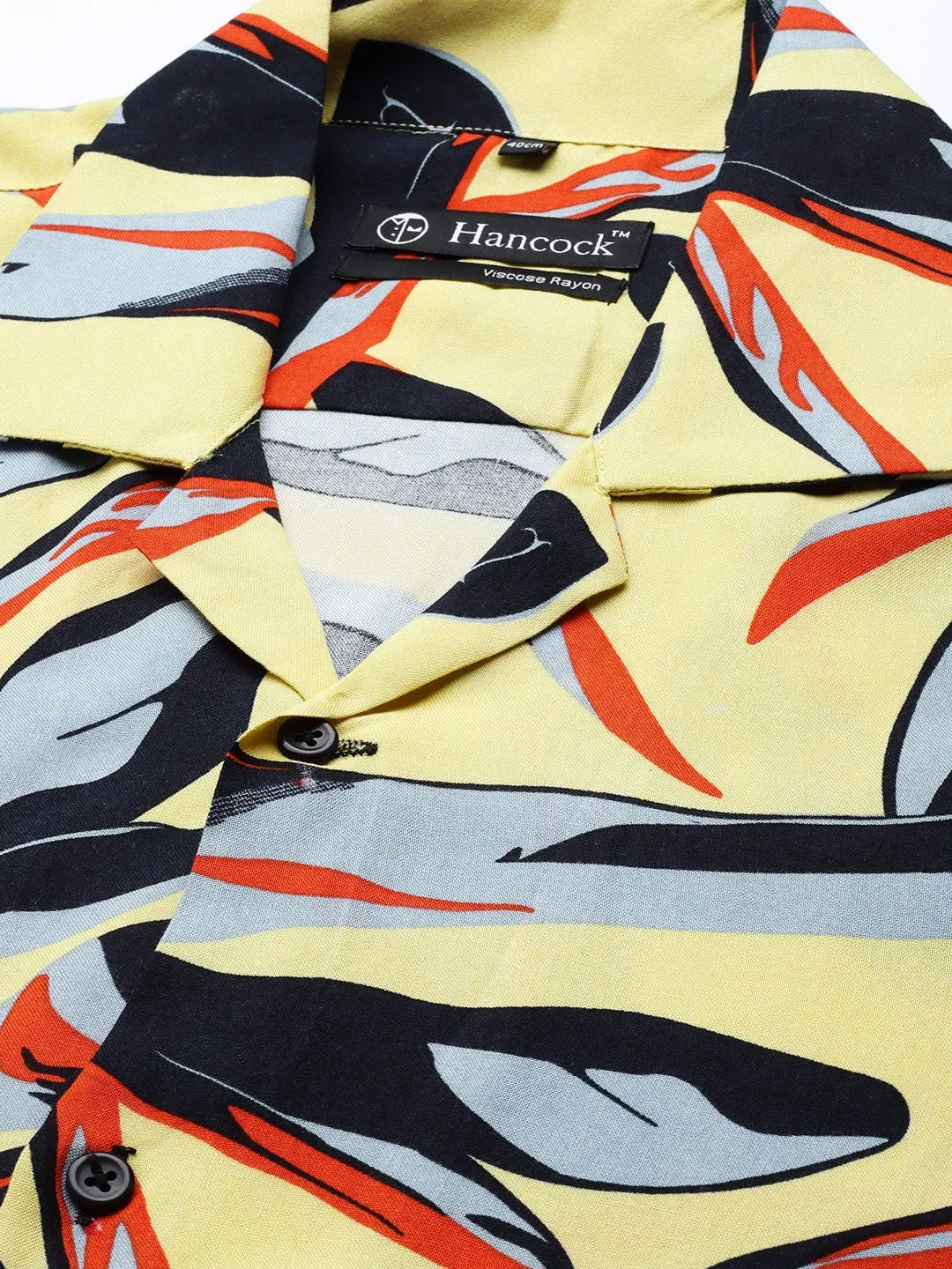Men Yellow-Navy Prints Viscose Rayon Relaxed Fit Casual Resort Shirt