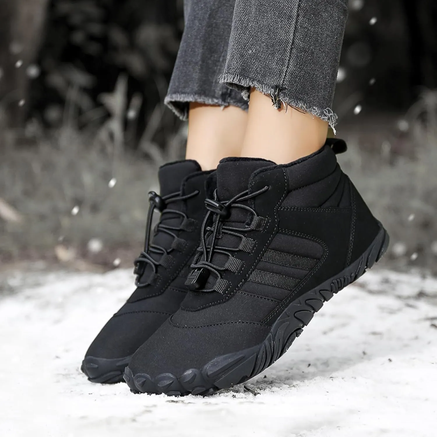 Mens and Womens Barefoot Hiking Boots | Zero Drop Warm Lined Winter Snow Boots with Wide Toe Box | Waterproof Ankle Booties with Elastic Cord Closure | Minimalist Five-Finger Sneakers for Outdoor Hiking and Walking