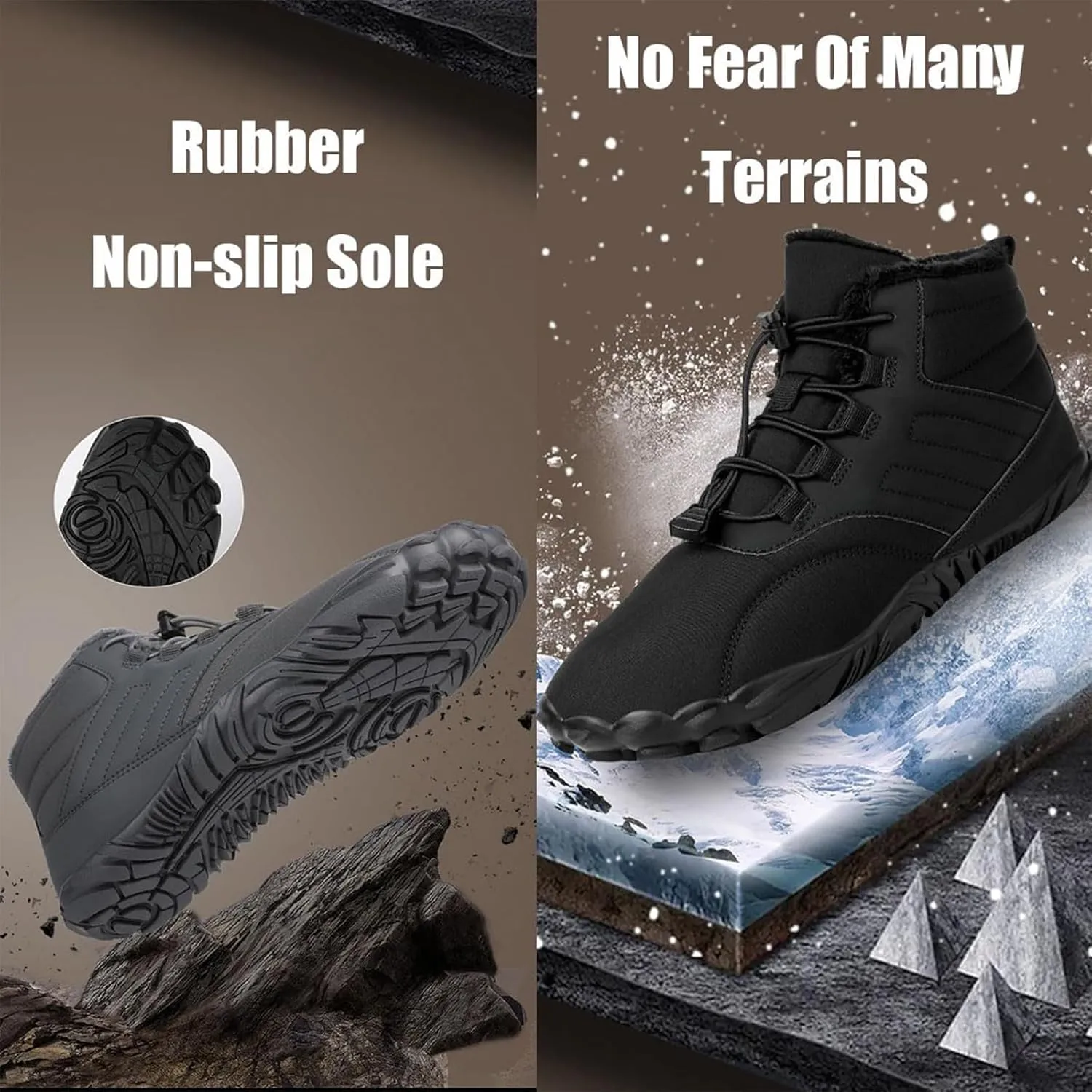 Men's and Women's Winter Barefoot Hiking Boots, Winter Sports Shoes Hiking Shoes, Waterproof Non-slip Wide Toe Barefoot Shoes Walking Boots,44,black