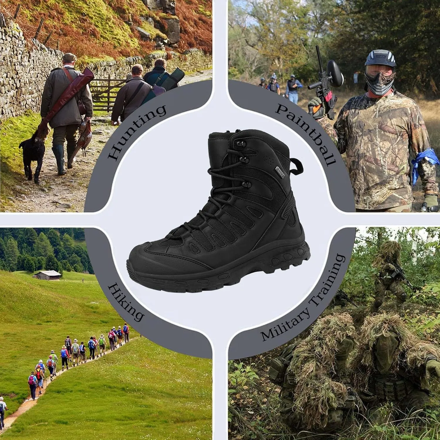 Men's Tactical Combat Boots with Side Zipper, Waterproof, Lightweight, and Breathable for Hiking, Work, and Hunting