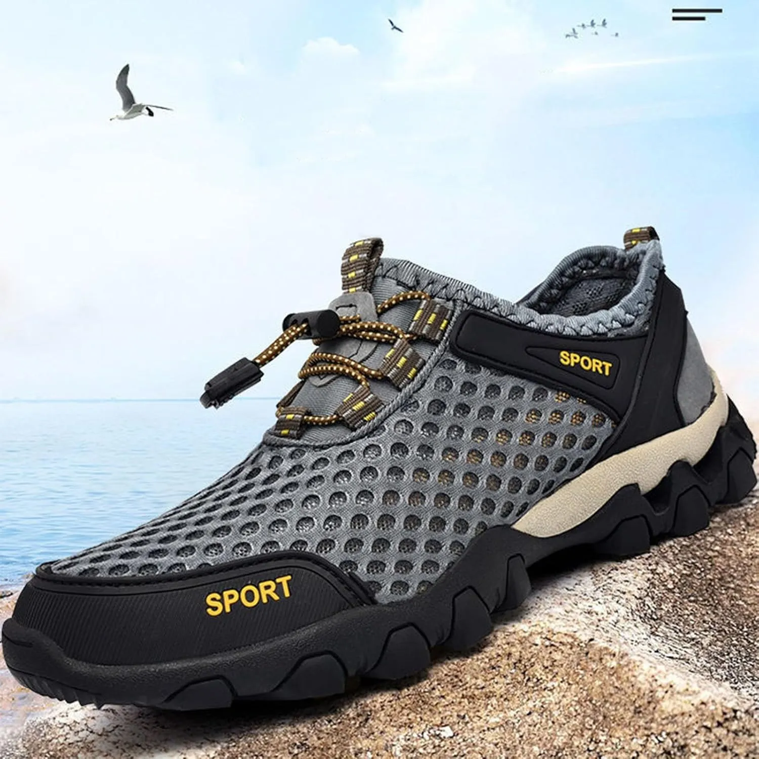 Non Slip Work Sport Shoes for Men Breathable Elastic Fly Woven Mesh Sneaker Memory Foam Versatile Shoes for Men