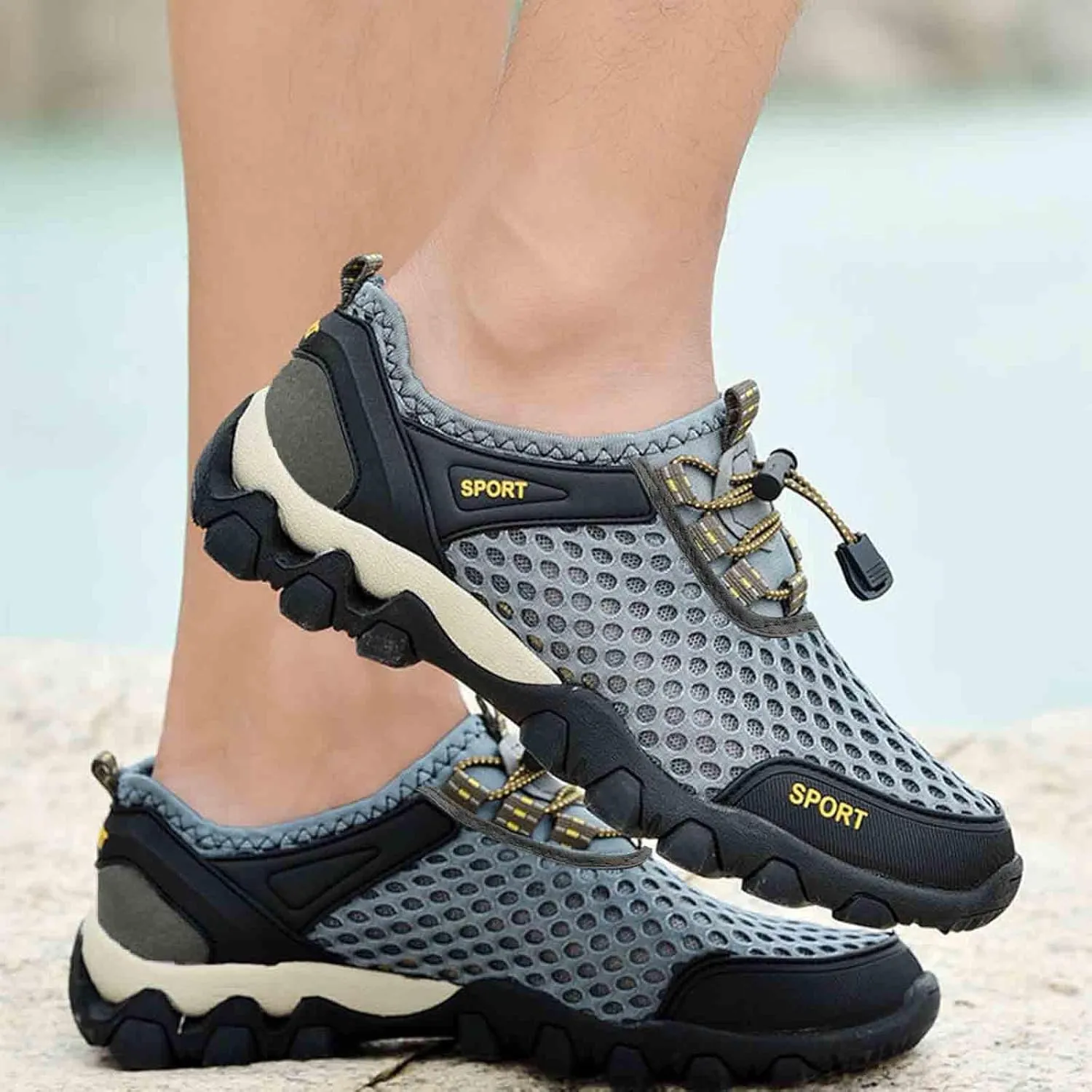 Non Slip Work Sport Shoes for Men Breathable Elastic Fly Woven Mesh Sneaker Memory Foam Versatile Shoes for Men