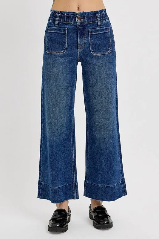 RISEN Elastic Band Wide Leg Jeans In Dark Wash