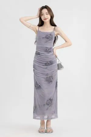 Ruched Mesh Flower Print Maxi Dress