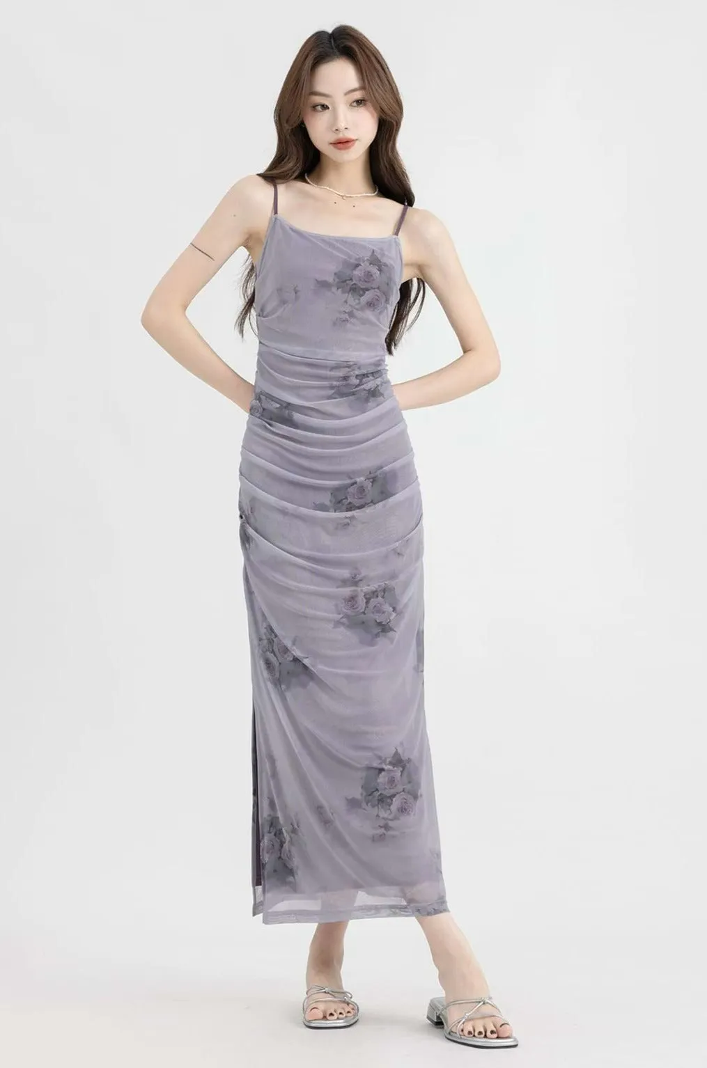 Ruched Mesh Flower Print Maxi Dress