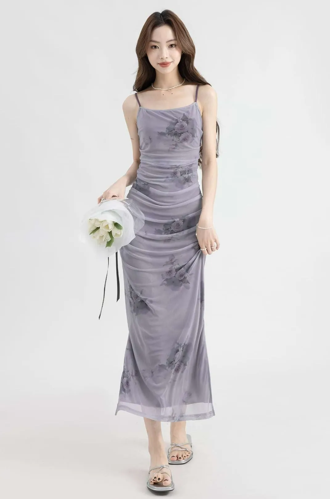 Ruched Mesh Flower Print Maxi Dress