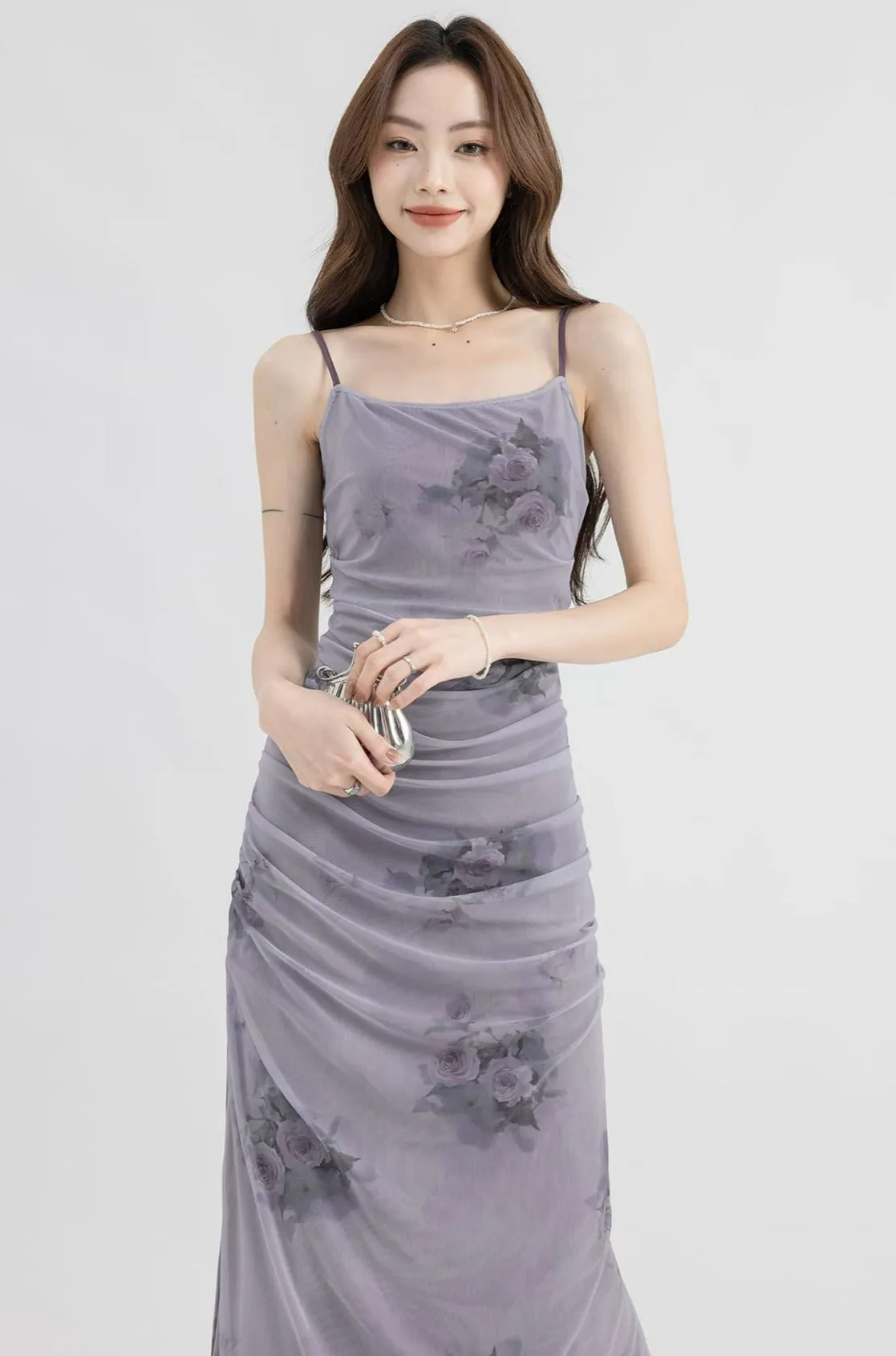 Ruched Mesh Flower Print Maxi Dress