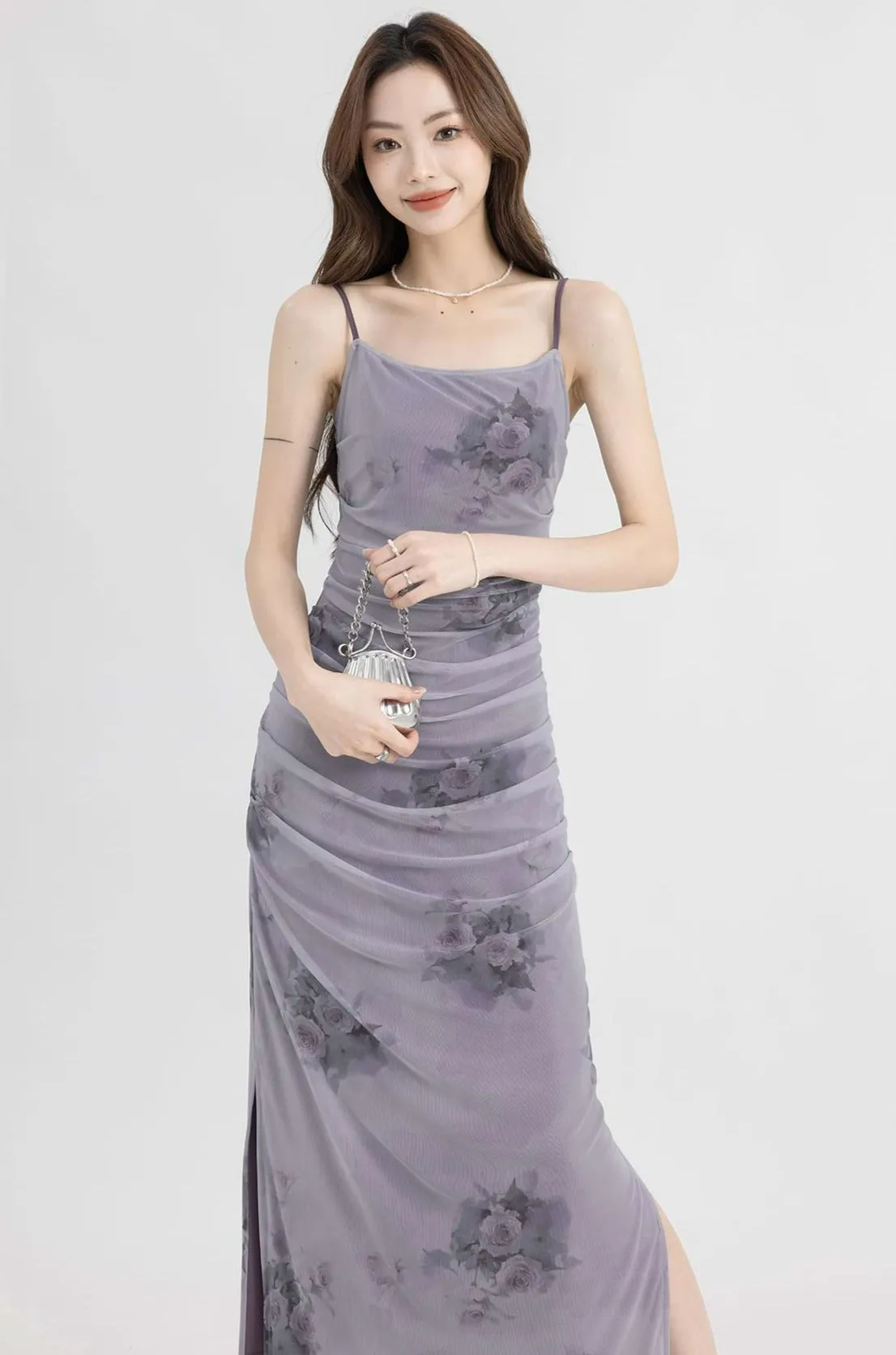 Ruched Mesh Flower Print Maxi Dress
