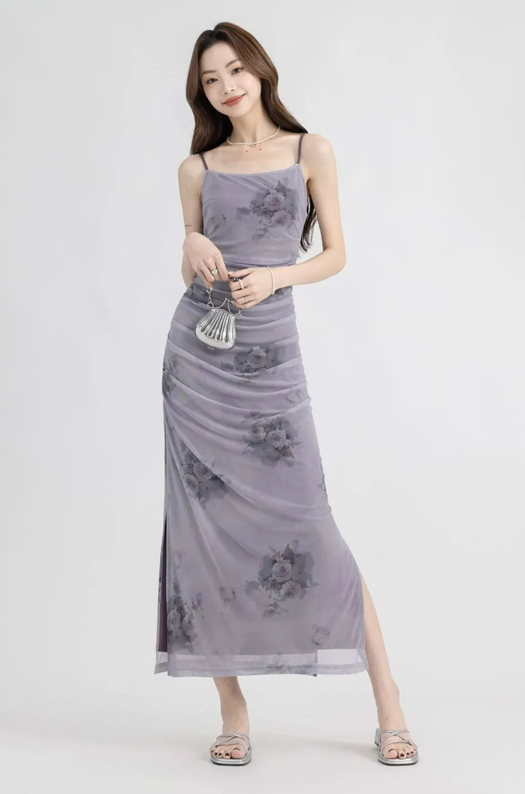 Ruched Mesh Flower Print Maxi Dress
