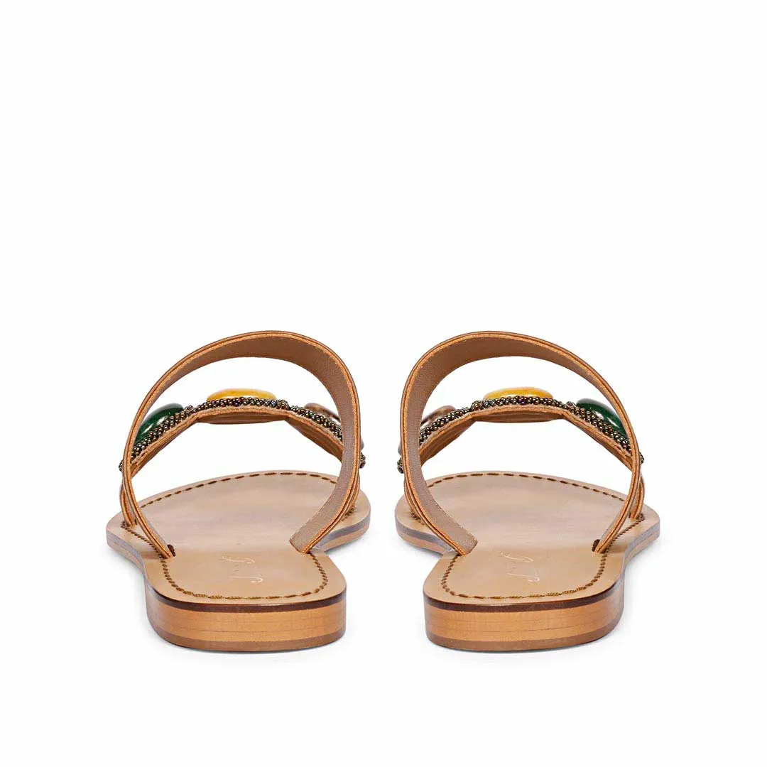 Saint Eva Multi Stone Adorned Tan Leather Flats