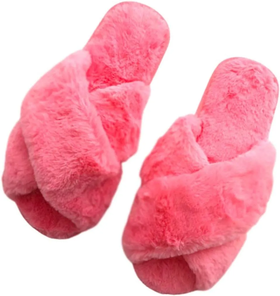 The Season Essentials U-slide Women??s Cross Band Soft Plush Fluffy Furry Fleece House Indoor or Outdoor Ladies?? Slide Slippers (Pink, L/9-10)