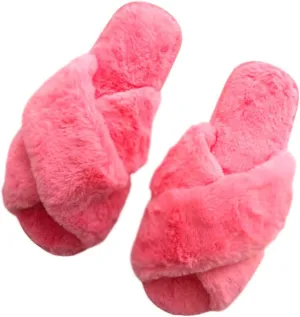 The Season Essentials U-slide Women??s Cross Band Soft Plush Fluffy Furry Fleece House Indoor or Outdoor Ladies?? Slide Slippers (Pink, L/9-10)