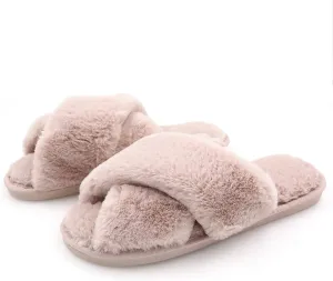 The Season Essentials U-slide Women??s Cross Band Soft Plush Fluffy Furry Fleece House Indoor or Outdoor Ladies?? Slide Slippers (Powder Pink, Large/9-10)