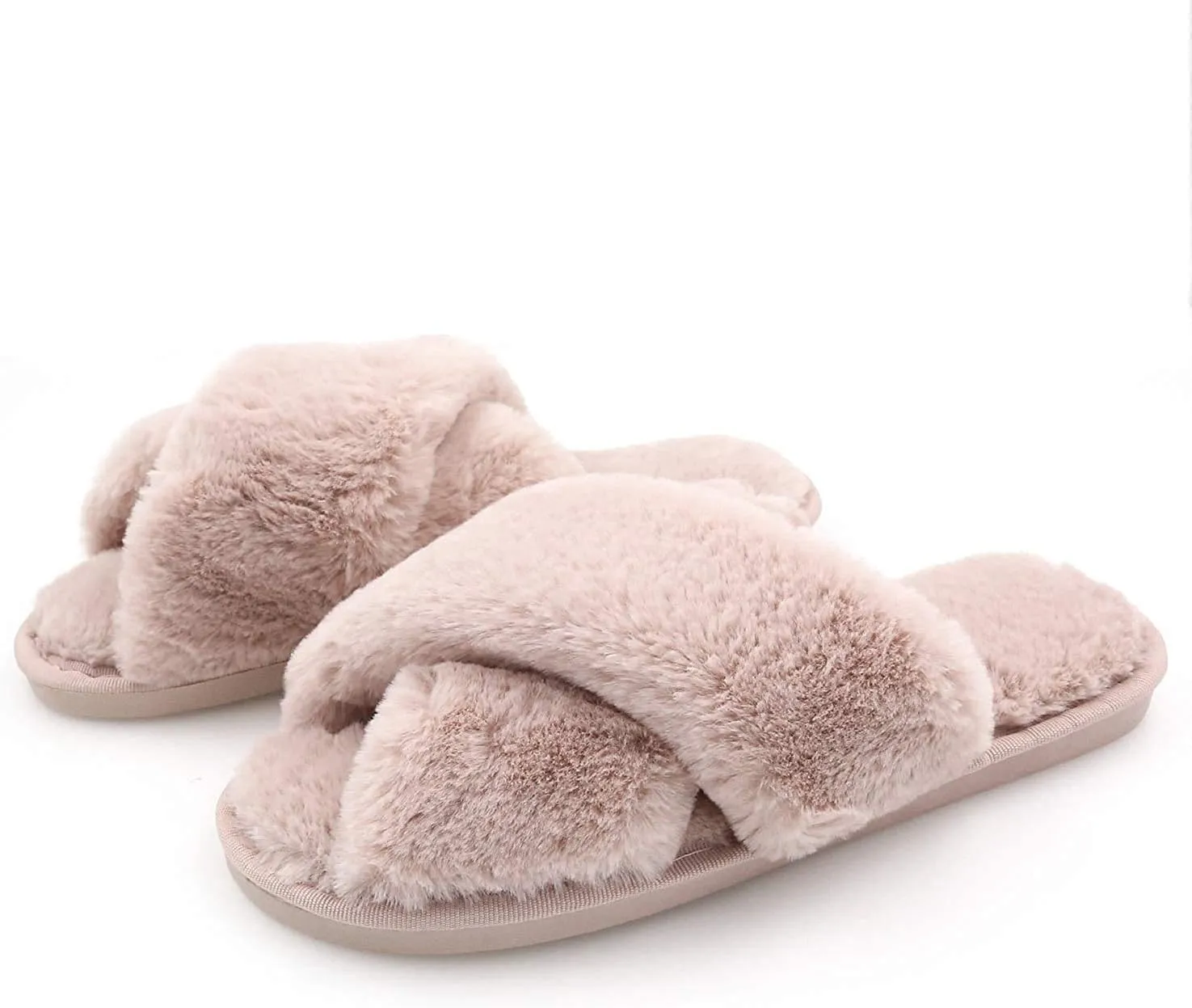 The Season Essentials U-slide Women??s Cross Band Soft Plush Fluffy Furry Fleece House Indoor or Outdoor Ladies?? Slide Slippers (Powder Pink, Large/9-10)