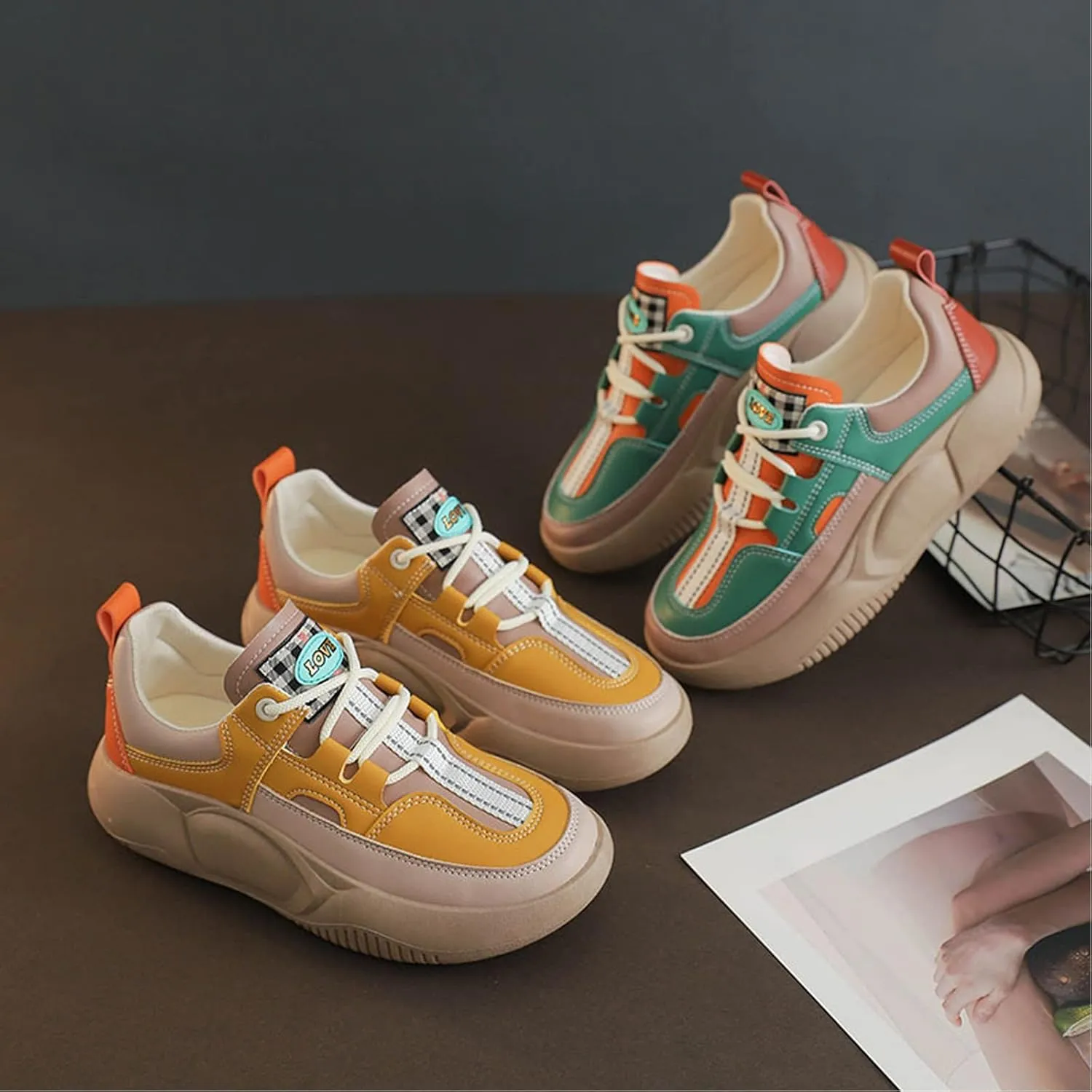UGOSELEC Women Platform Chunky Sneakers Dad Shoes,Comfort Colorblock Non-Slip Lightweight Lace Up Walking Shoes Platform Sneakers