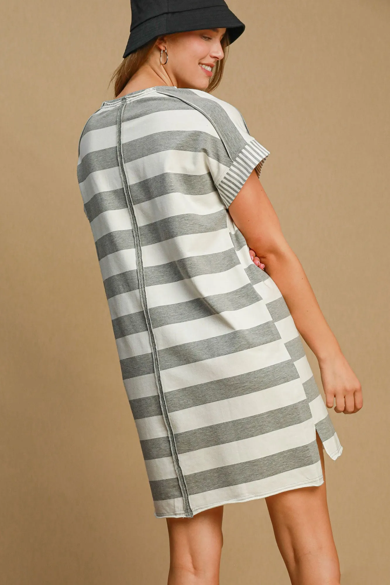 Umgee Peace Applique Striped Mini Dress In Gray