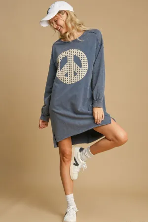 Umgee Peace Lace Applique Frayed Hem Mini Dress In Dusty Blue
