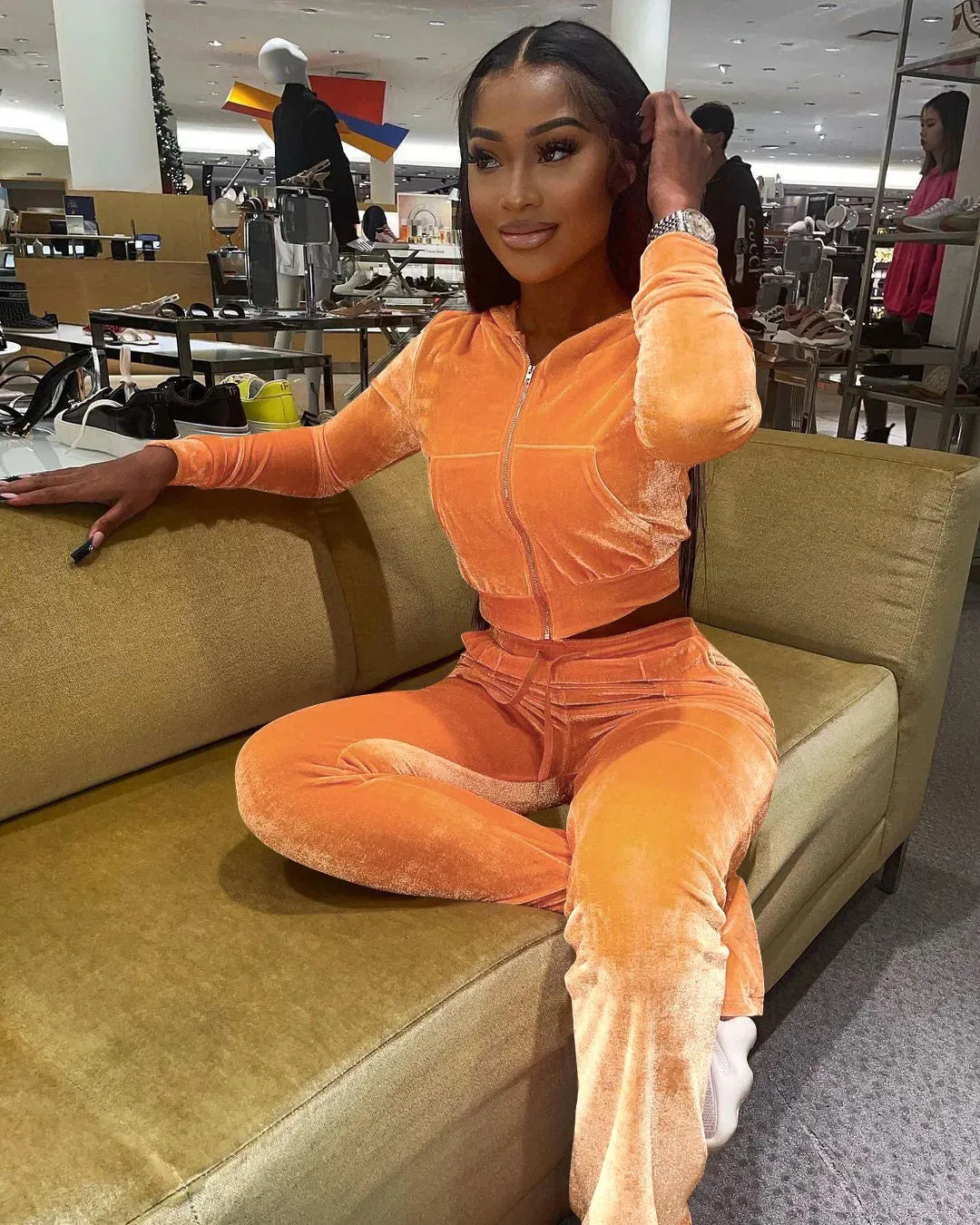 Velvet Jogger Set for Women - Fall Casual Velour Hoodie Crop Top Jacket & Wide-Leg Pants Two-Piece Tracksuit