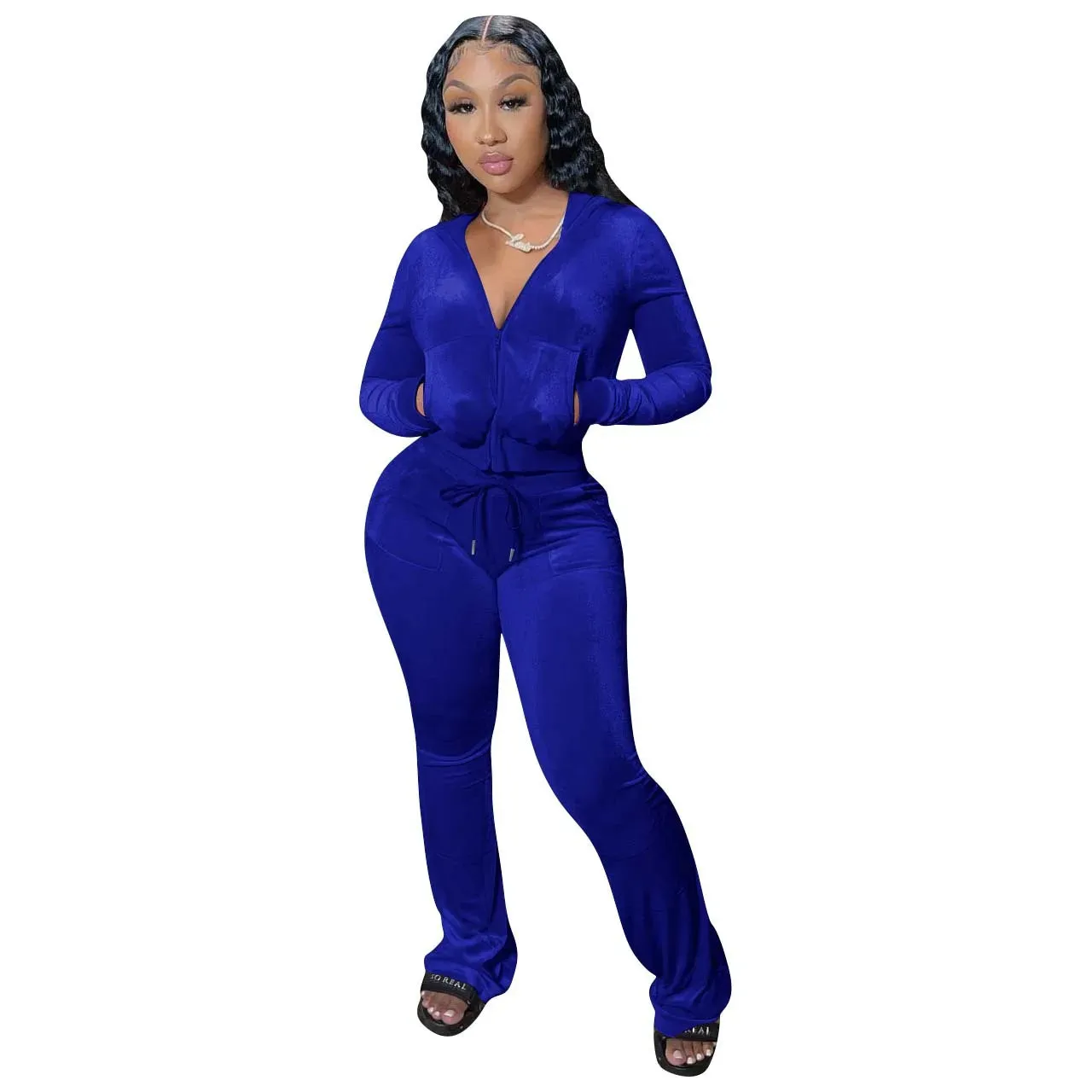 Velvet Jogger Set for Women - Fall Casual Velour Hoodie Crop Top Jacket & Wide-Leg Pants Two-Piece Tracksuit