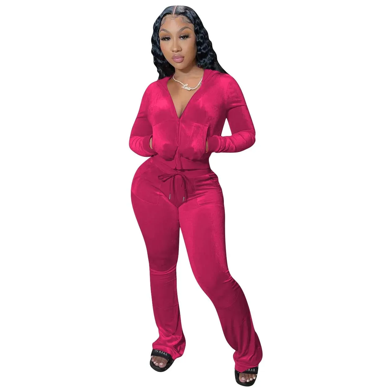 Velvet Jogger Set for Women - Fall Casual Velour Hoodie Crop Top Jacket & Wide-Leg Pants Two-Piece Tracksuit