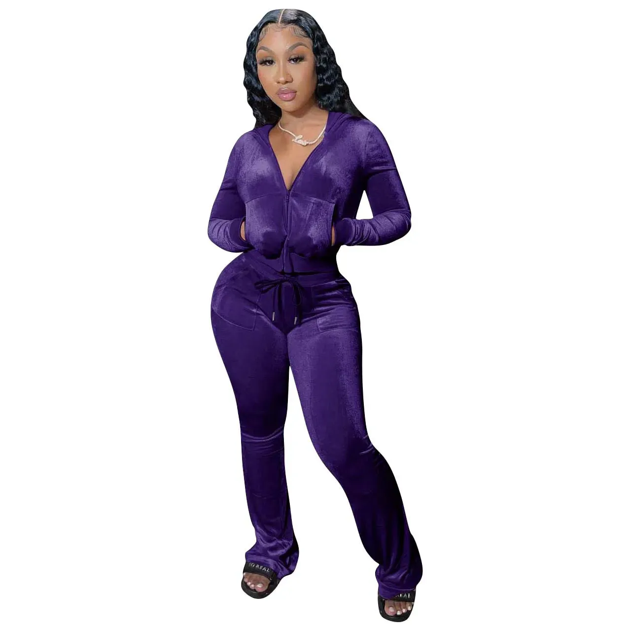 Velvet Jogger Set for Women - Fall Casual Velour Hoodie Crop Top Jacket & Wide-Leg Pants Two-Piece Tracksuit