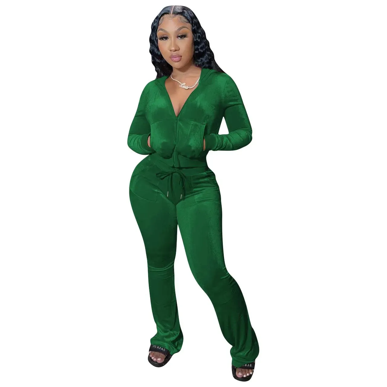 Velvet Jogger Set for Women - Fall Casual Velour Hoodie Crop Top Jacket & Wide-Leg Pants Two-Piece Tracksuit