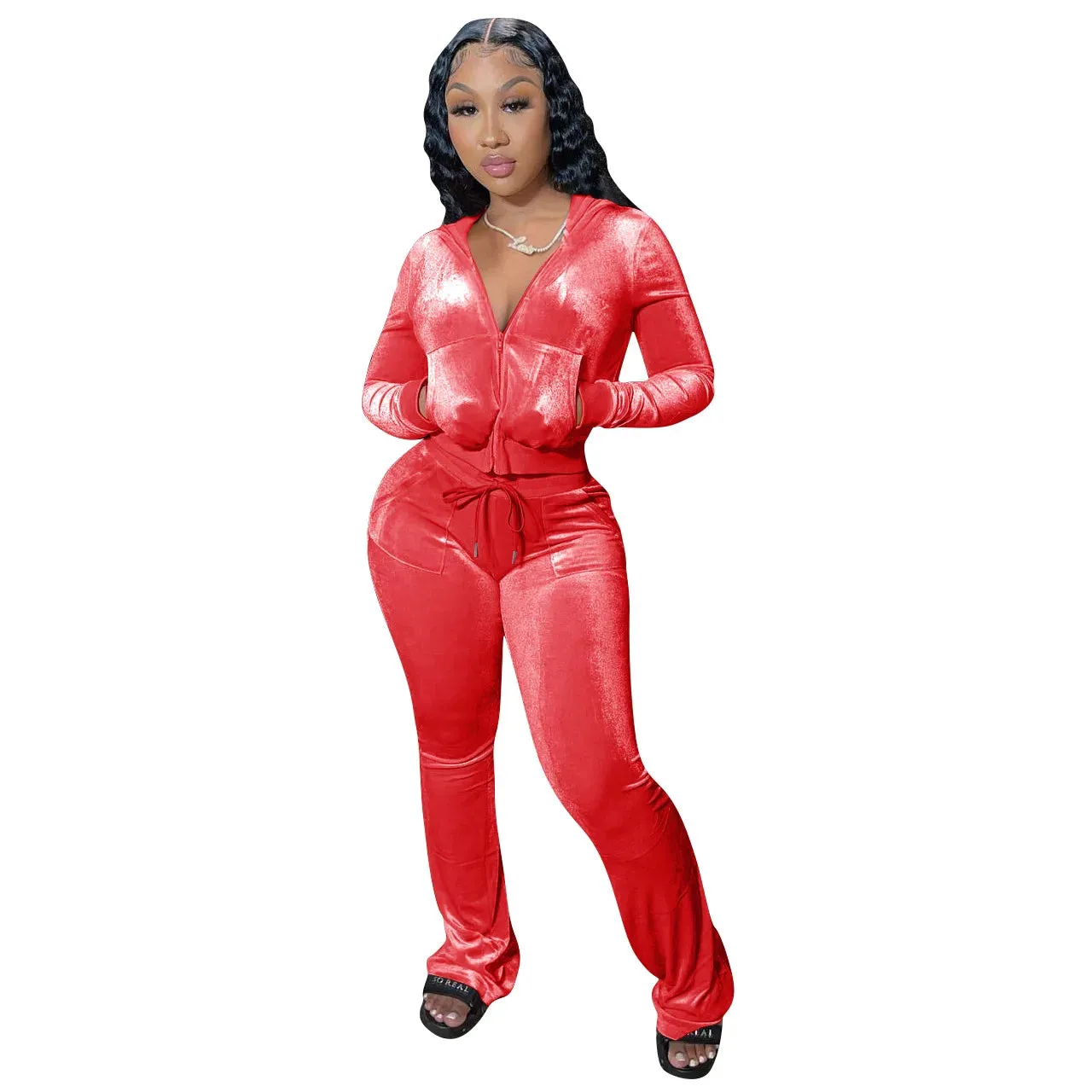 Velvet Jogger Set for Women - Fall Casual Velour Hoodie Crop Top Jacket & Wide-Leg Pants Two-Piece Tracksuit