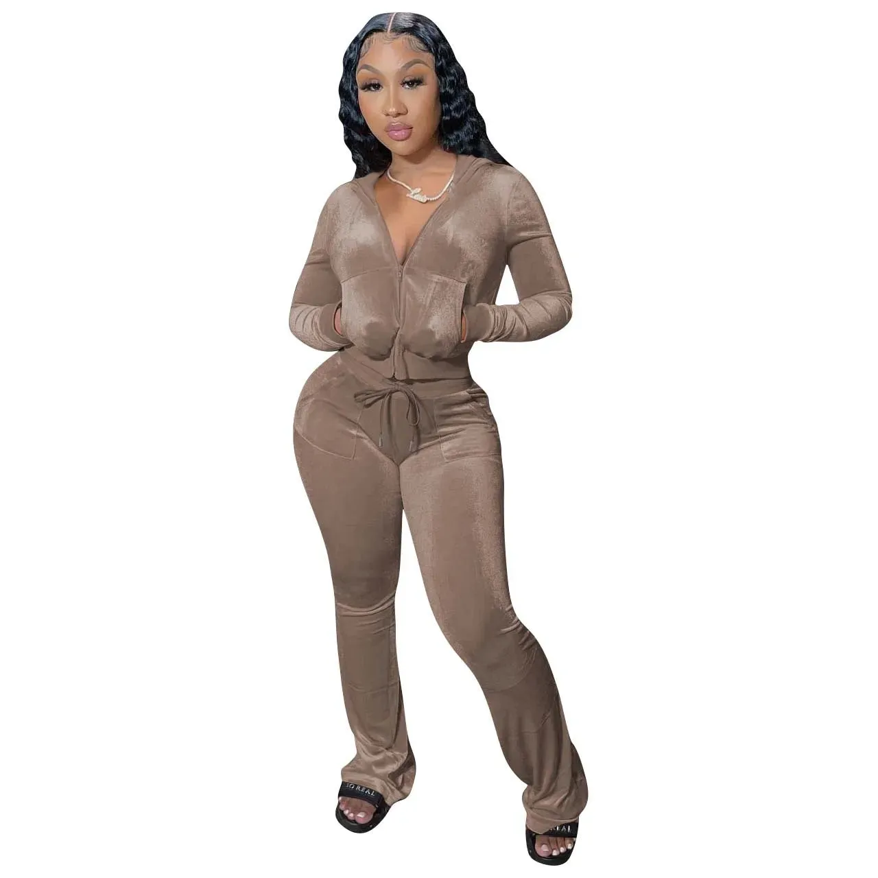 Velvet Jogger Set for Women - Fall Casual Velour Hoodie Crop Top Jacket & Wide-Leg Pants Two-Piece Tracksuit