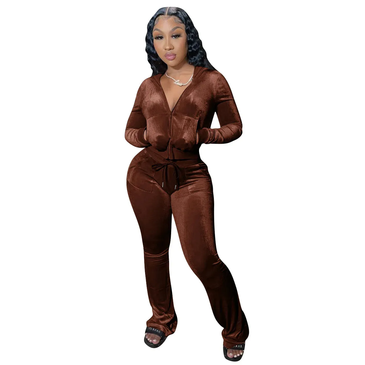 Velvet Jogger Set for Women - Fall Casual Velour Hoodie Crop Top Jacket & Wide-Leg Pants Two-Piece Tracksuit