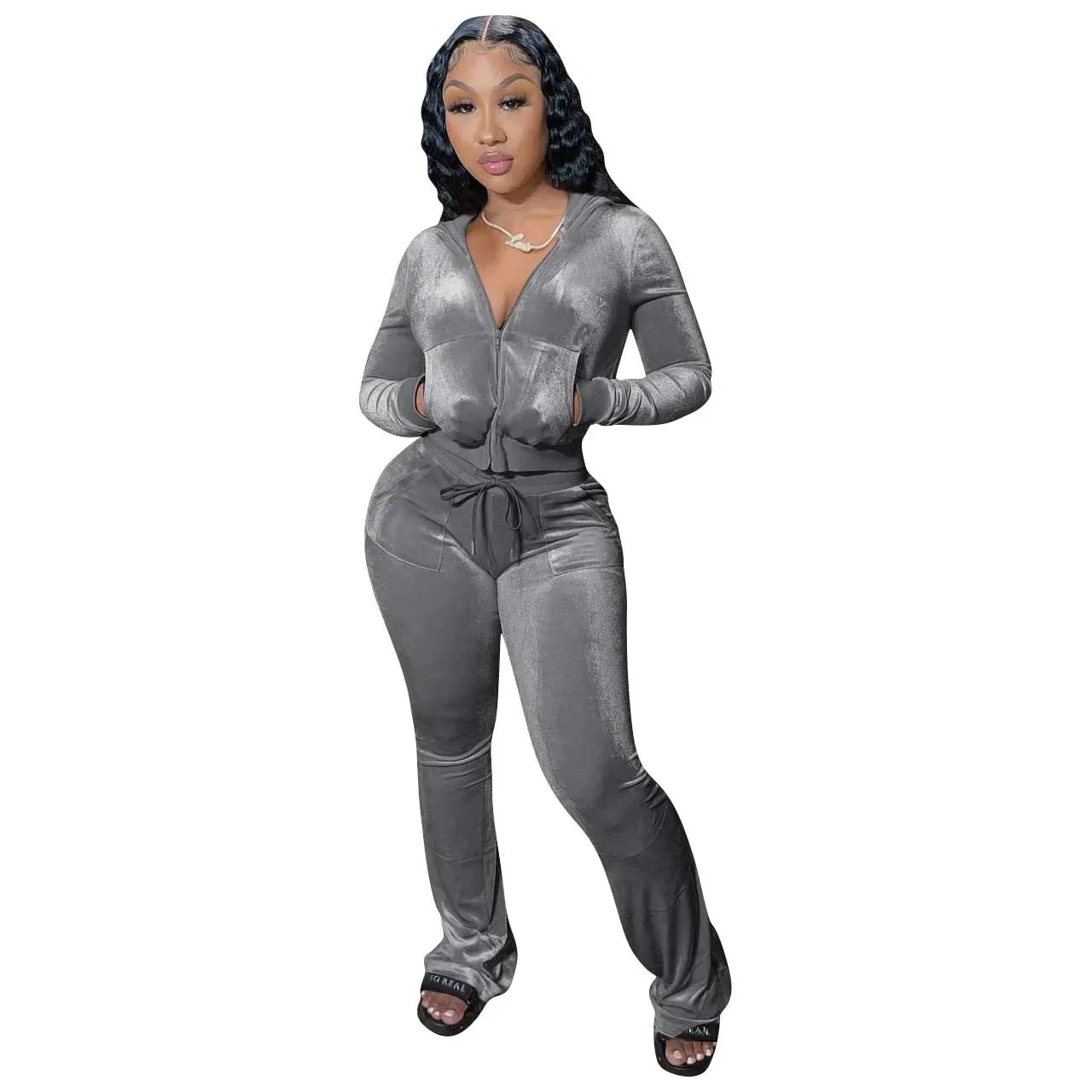 Velvet Jogger Set for Women - Fall Casual Velour Hoodie Crop Top Jacket & Wide-Leg Pants Two-Piece Tracksuit