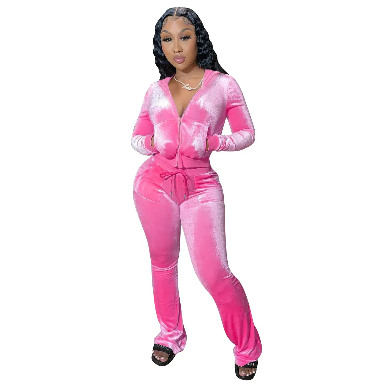 Velvet Jogger Set for Women - Fall Casual Velour Hoodie Crop Top Jacket & Wide-Leg Pants Two-Piece Tracksuit