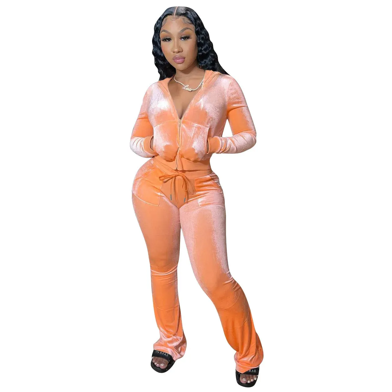Velvet Jogger Set for Women - Fall Casual Velour Hoodie Crop Top Jacket & Wide-Leg Pants Two-Piece Tracksuit