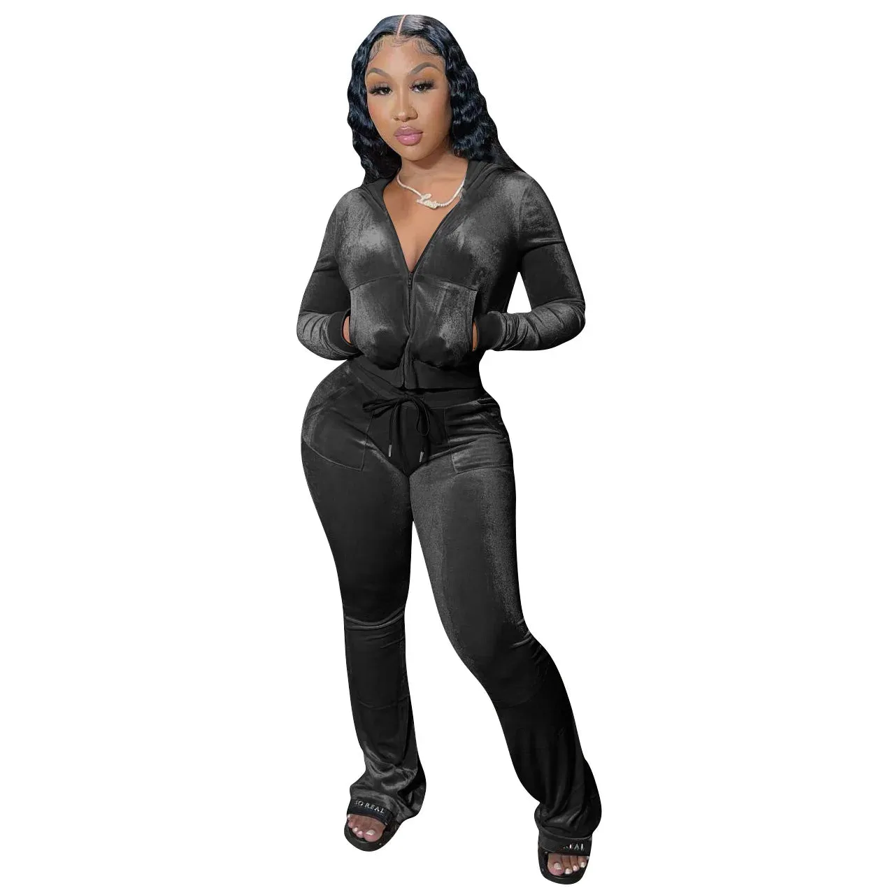 Velvet Jogger Set for Women - Fall Casual Velour Hoodie Crop Top Jacket & Wide-Leg Pants Two-Piece Tracksuit