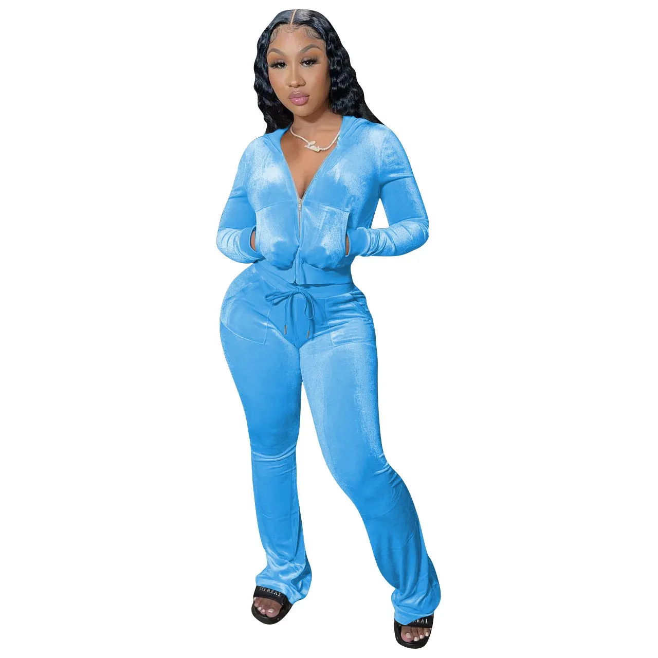 Velvet Jogger Set for Women - Fall Casual Velour Hoodie Crop Top Jacket & Wide-Leg Pants Two-Piece Tracksuit