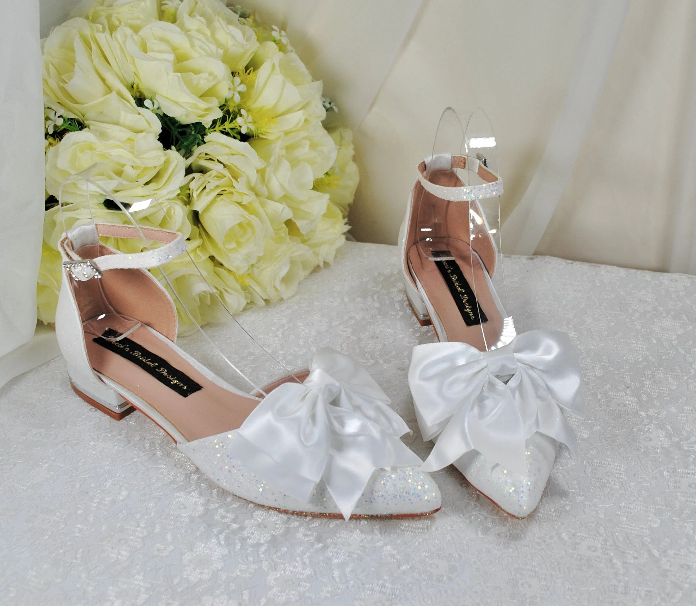 White Wedding Flats with Removable Bow, UK3/US5.5