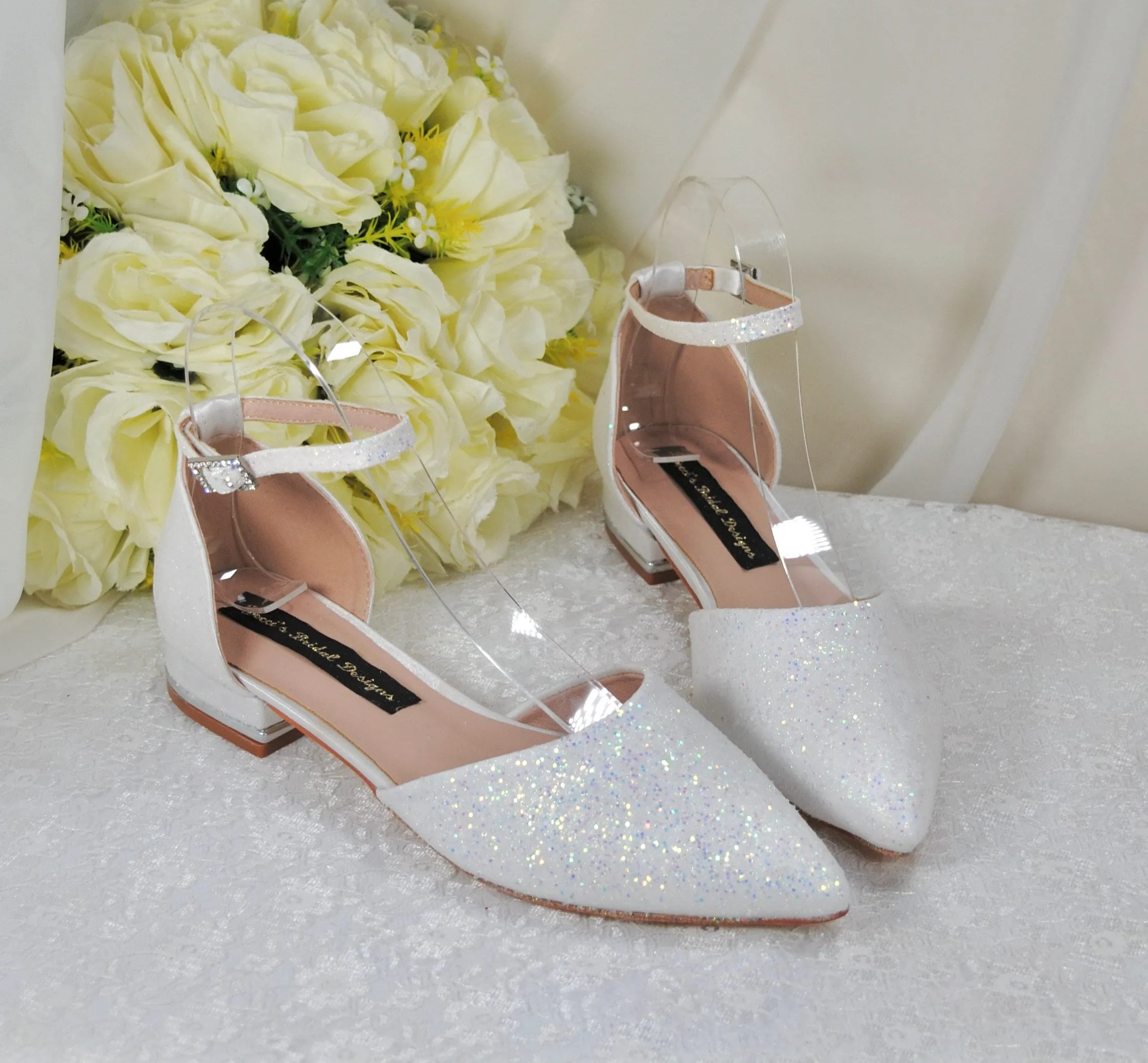 White Wedding Flats with Removable Bow, UK3/US5.5