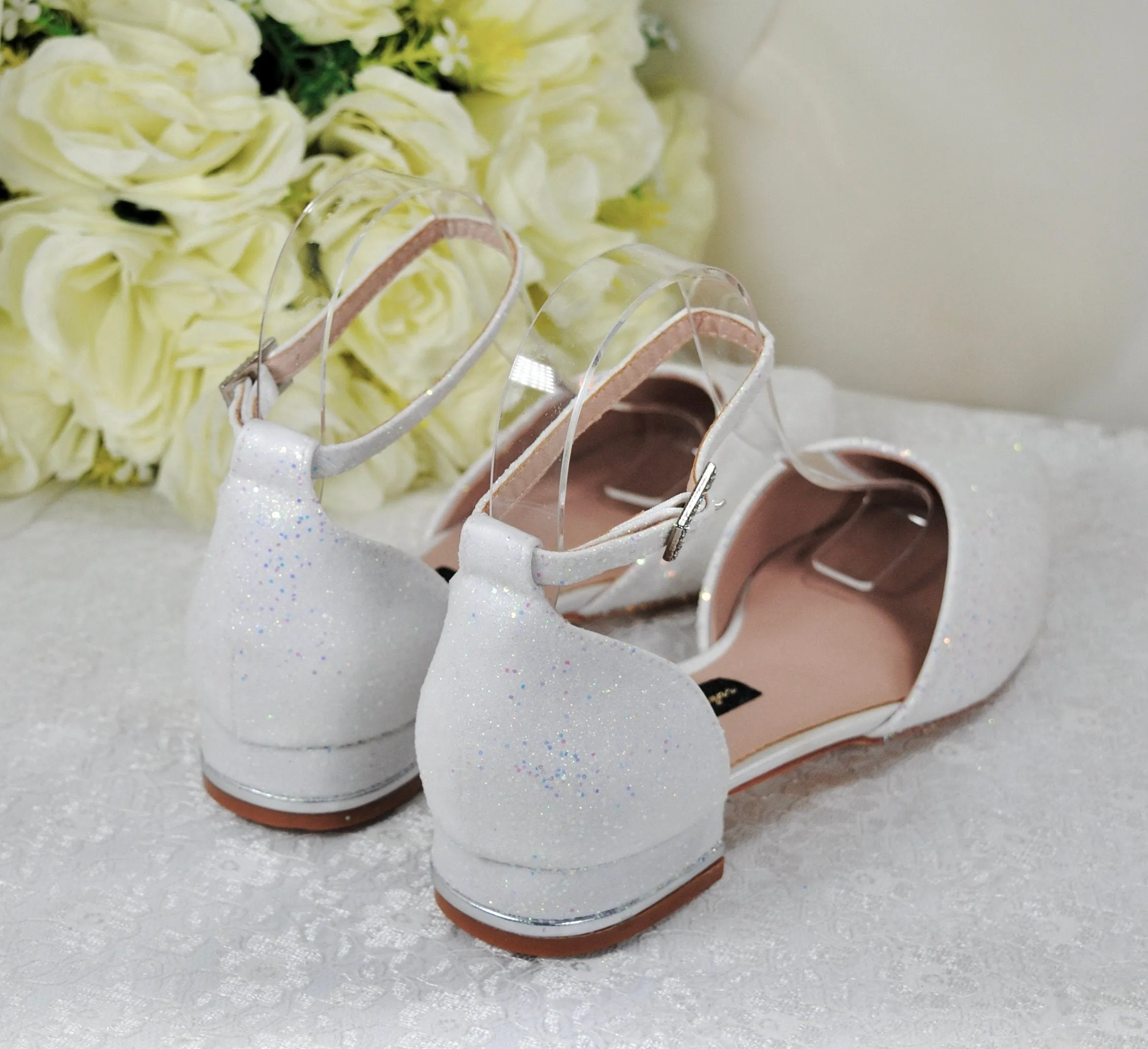 White Wedding Flats with Removable Bow, UK3/US5.5