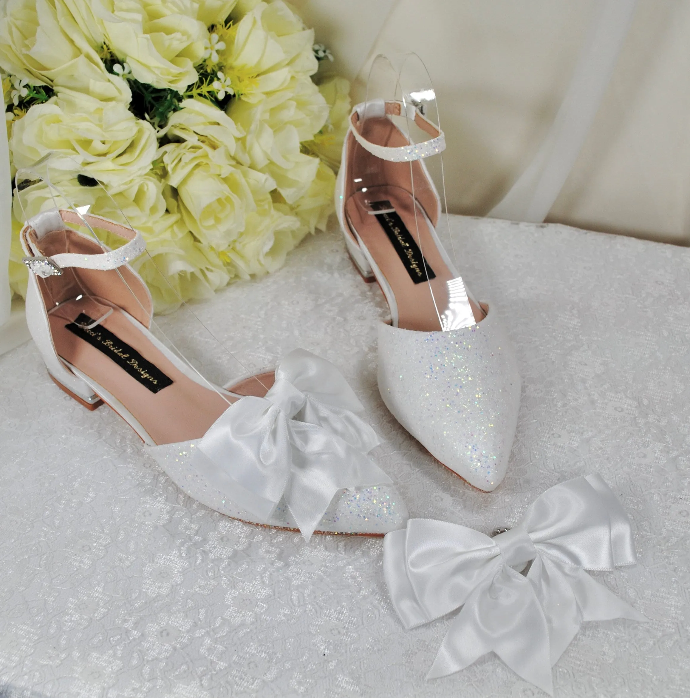 White Wedding Flats with Removable Bow, UK3/US5.5