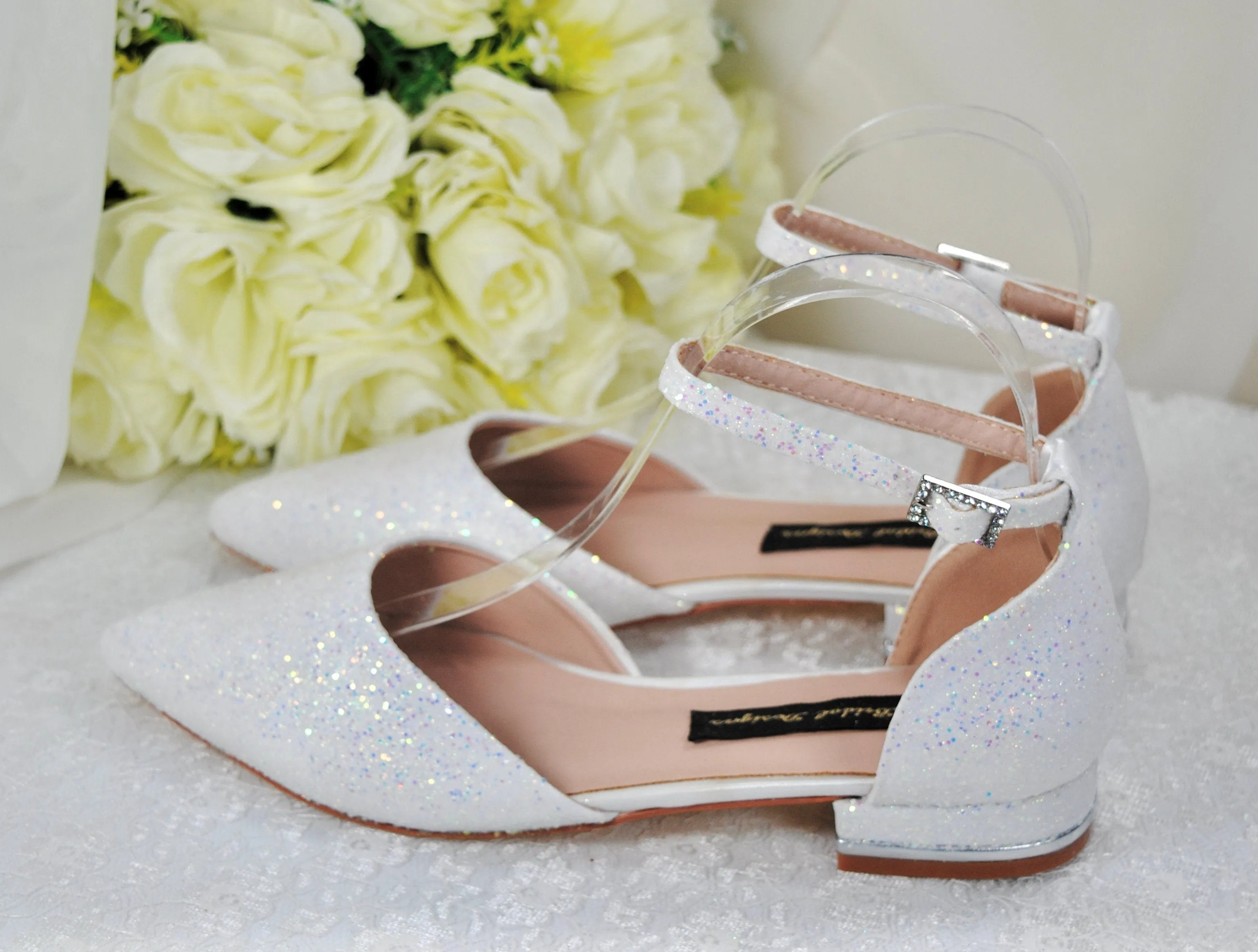 White Wedding Flats with Removable Bow, UK3/US5.5