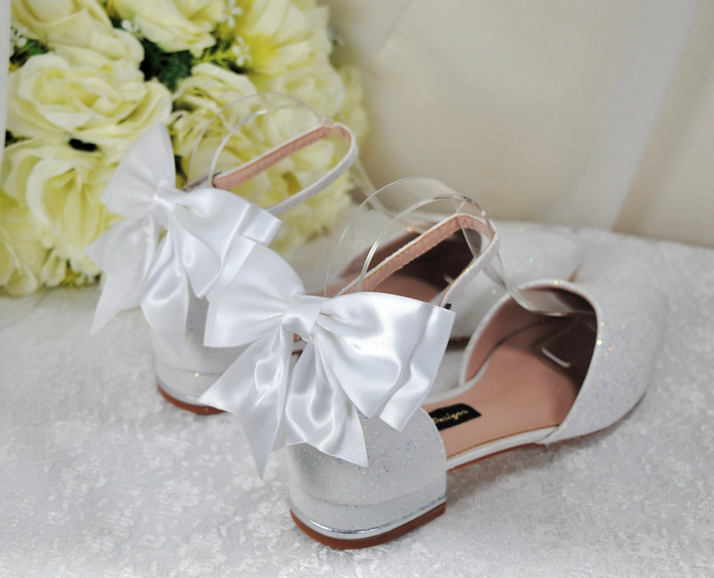 White Wedding Flats with Removable Bow, UK3/US5.5