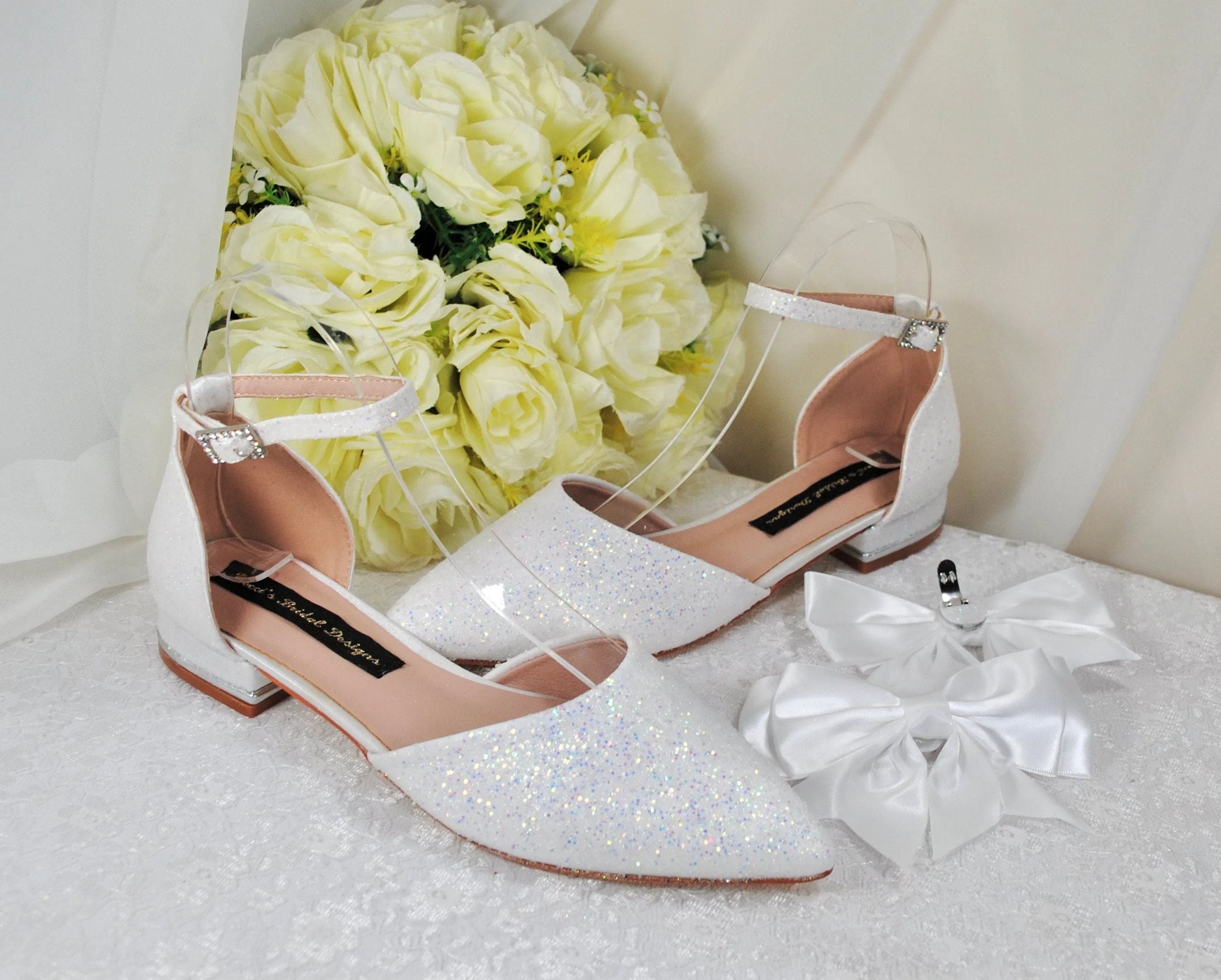 White Wedding Flats with Removable Bow, UK3/US5.5