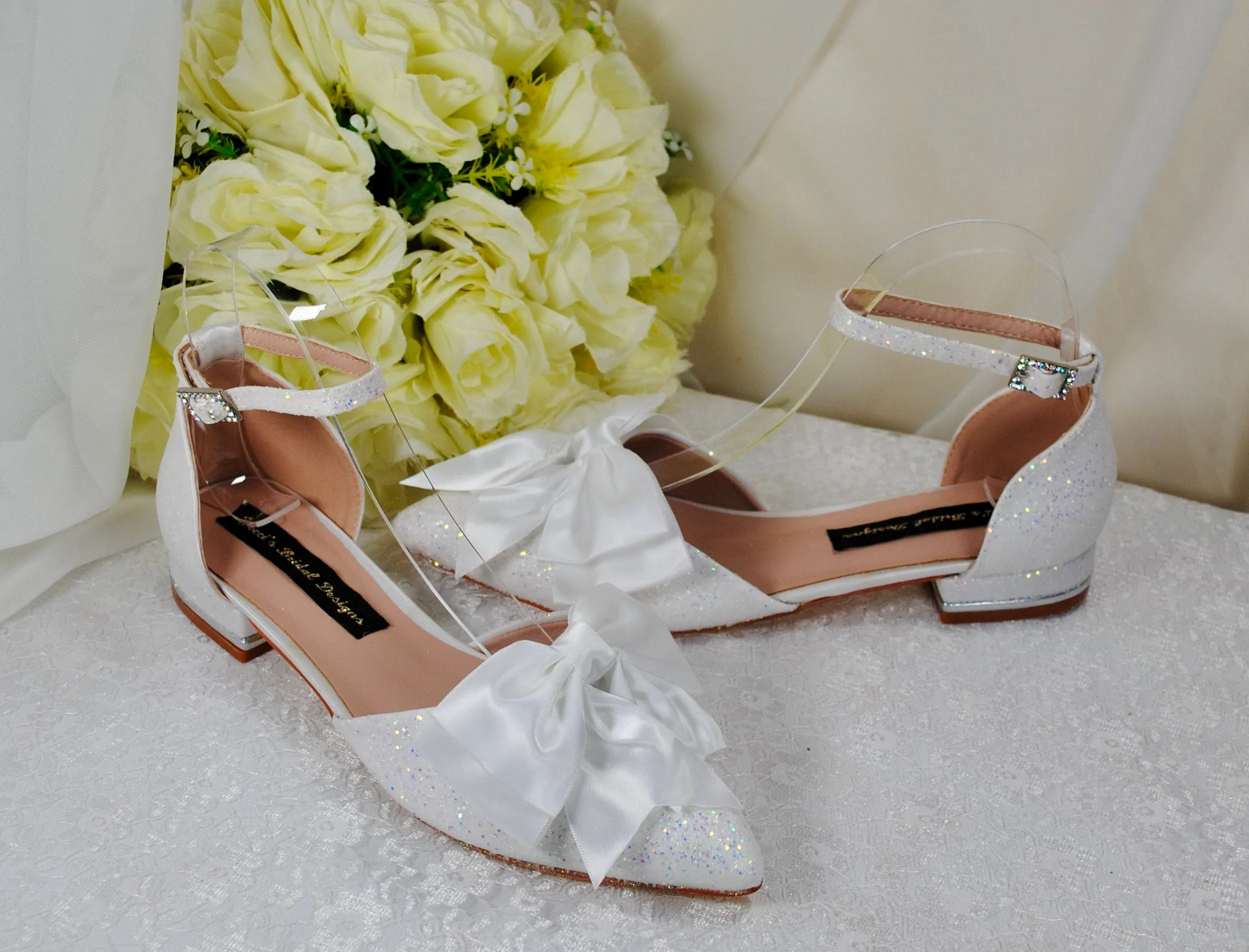 White Wedding Flats with Removable Bow, UK3/US5.5