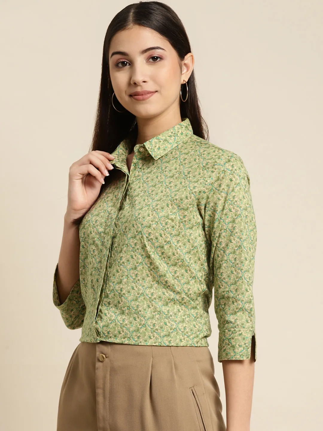 Women Beige & Green Printed Pure Cotton Regular Fit Formal Shirt