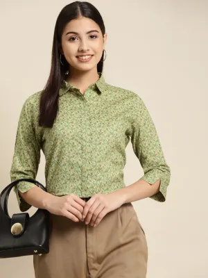 Women Beige & Green Printed Pure Cotton Regular Fit Formal Shirt