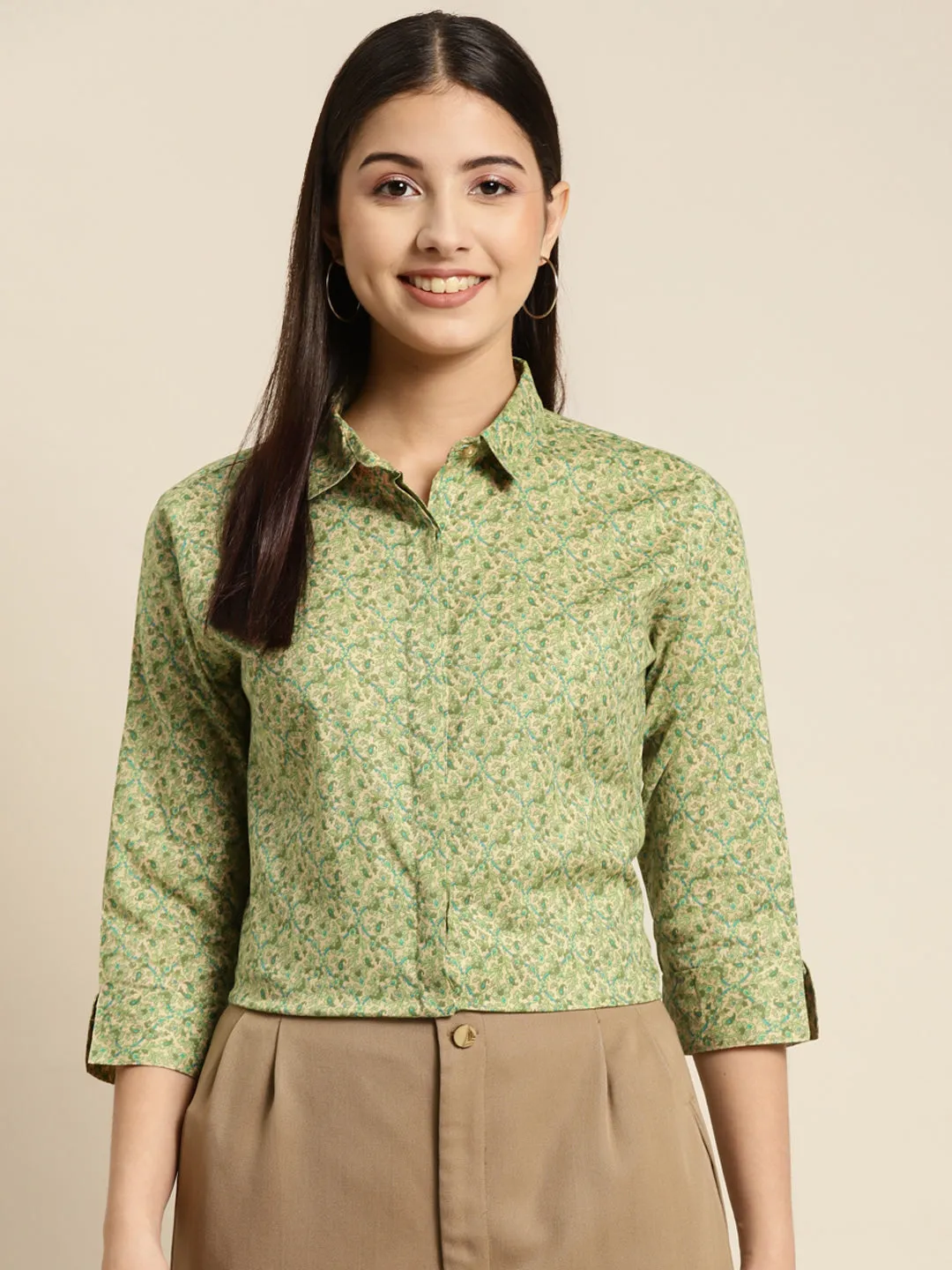 Women Beige & Green Printed Pure Cotton Regular Fit Formal Shirt